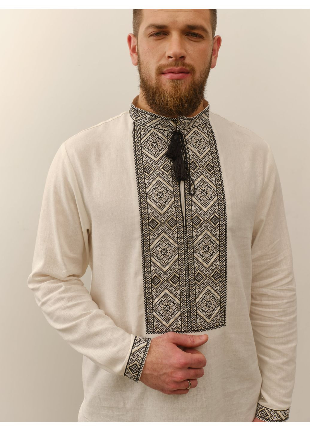 Молочна вишиванка чоловіча лляна тадей сіро-чорний MOTYV візерунок орнамент льон (361162153)