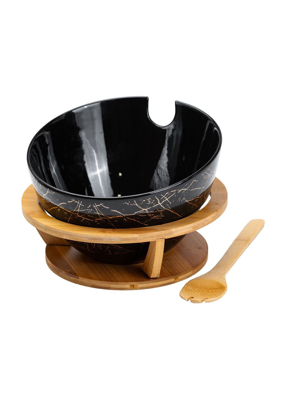 Салатница на бамбуковой подставке с ложкой Ø 25 см черная HP1245 Yiwu (370801199)