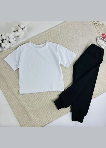 Білий демісезонний чорно-біла дитяча весняна сорочка в карту + біла футболка + чорні штани унісекс 140 No Brand