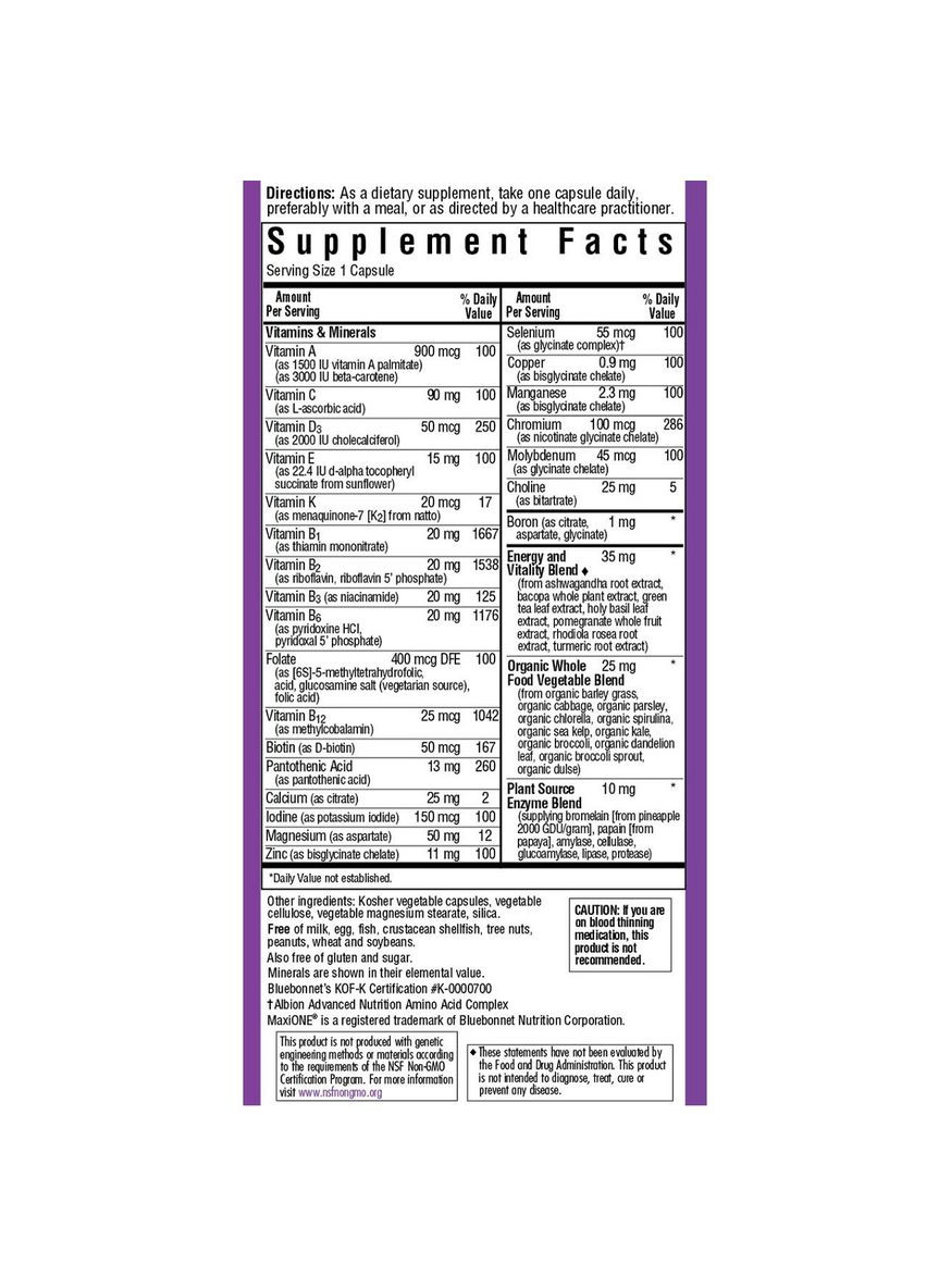 Мультивитамины без железа, MAXI ONE Iron Free,, 30 вегетарианских капсул Bluebonnet Nutrition (326055359)