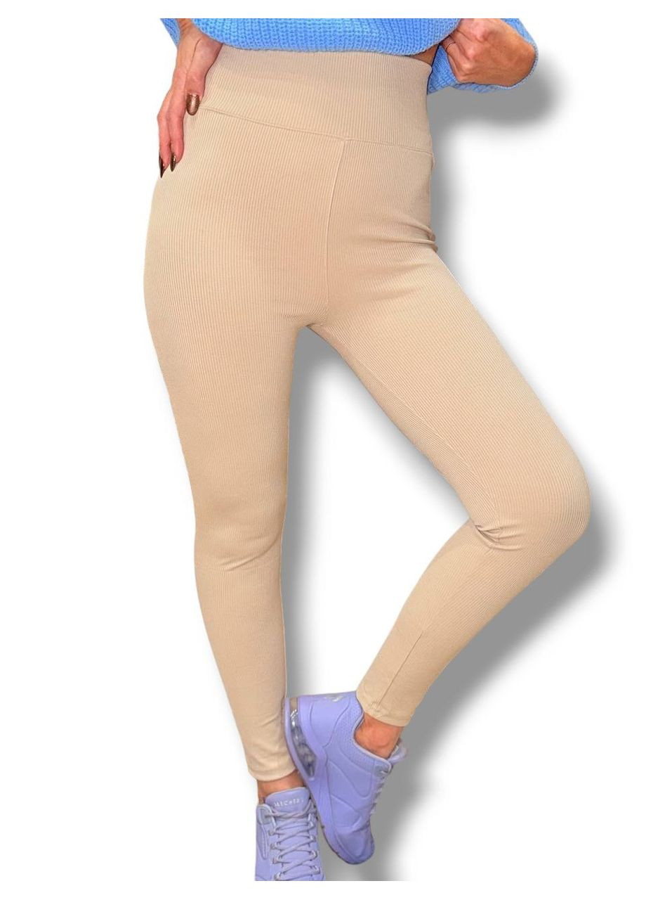 Жіночі лосини еластичні в рубчик з високим широким поясом без утеплення демісезон 99-101см чорні No Brand (318450630)