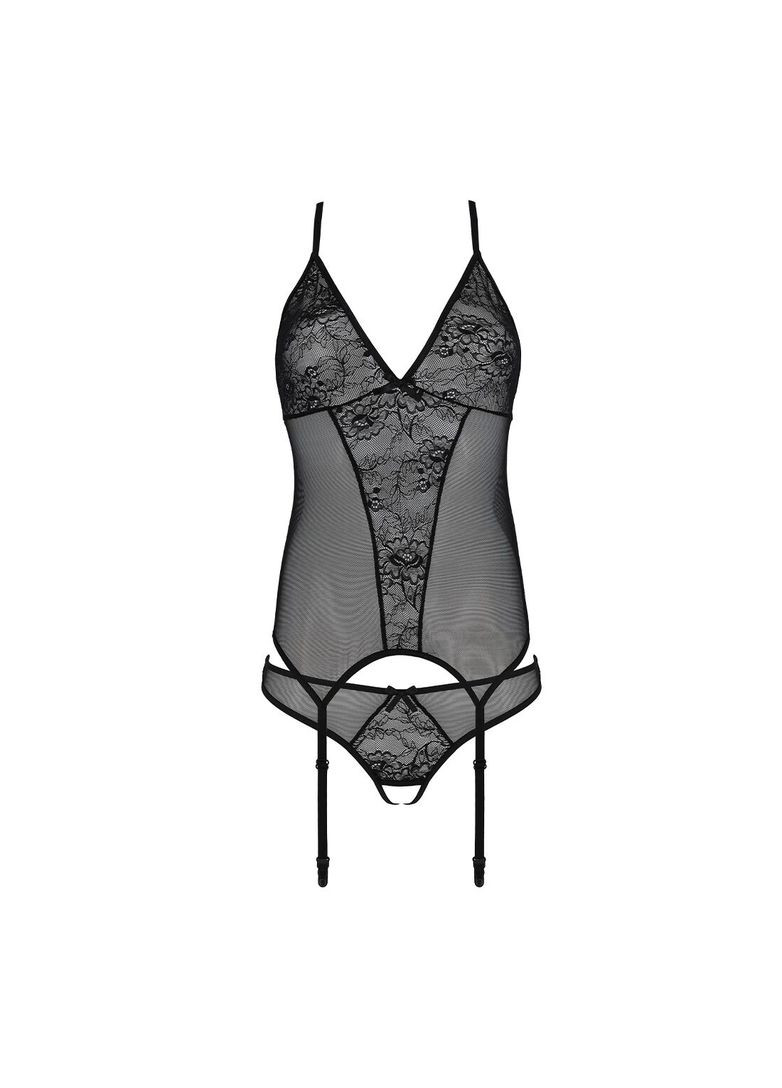 Корсет с пажами, трусики с ажурным декором и открытым шагом URSULA CORSET S/M, black Passion (369951502)