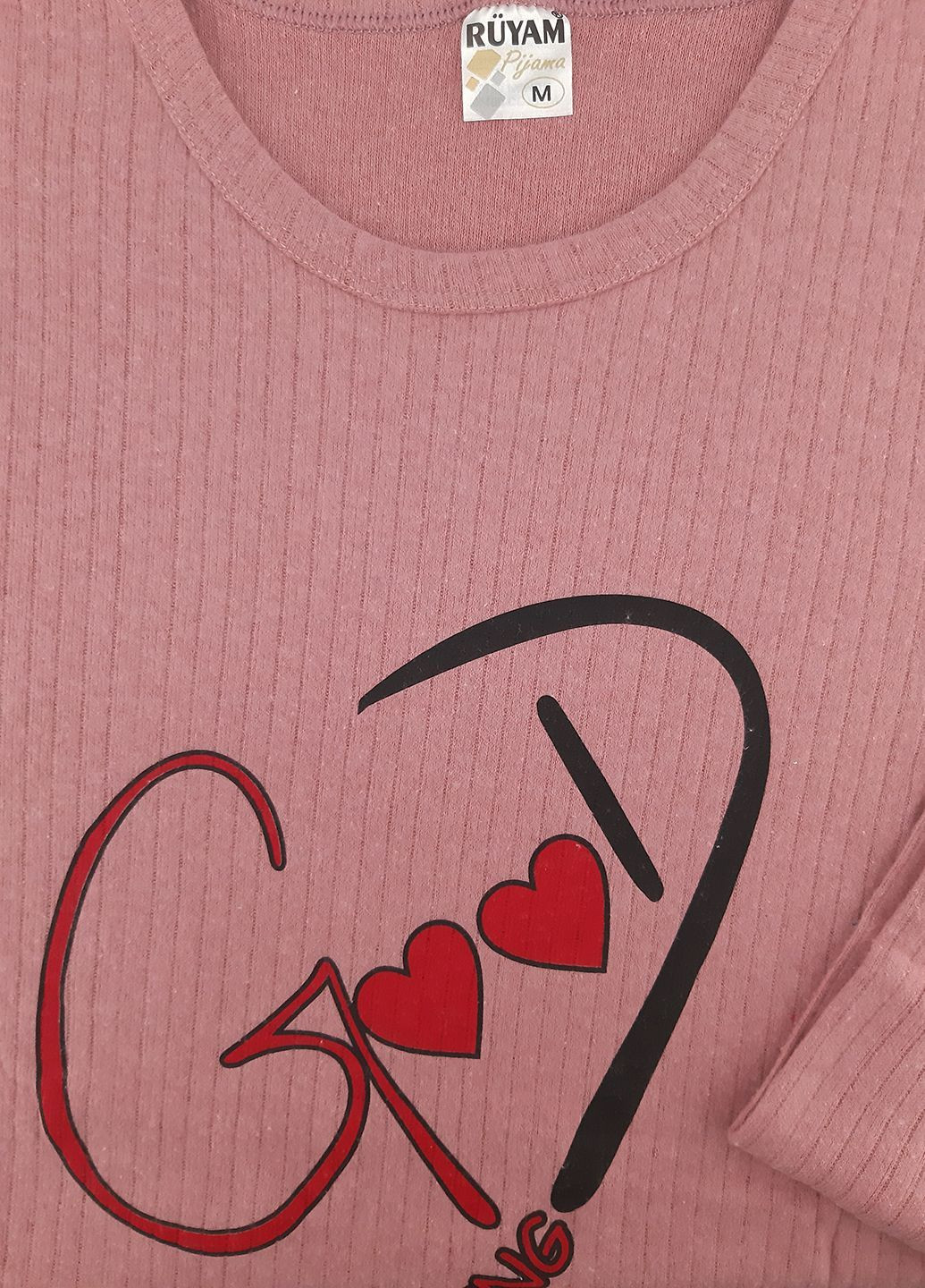 Пудрова піжама жіноча тепла бавовна лонгслів + брюки Ruyam