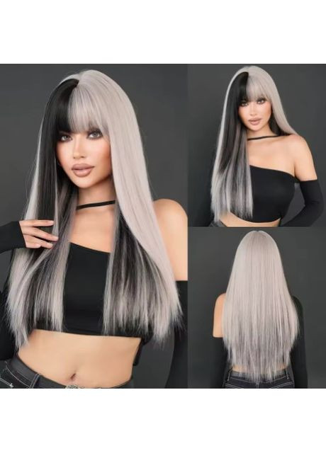 Перука довга пряма з чубчиком блонд чорно-білий (LC9160-1) No Brand (370289759)