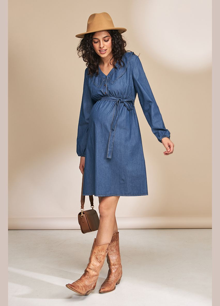 Синее джинсовое платье для беременных и кормящих синее с поясом Юла мама