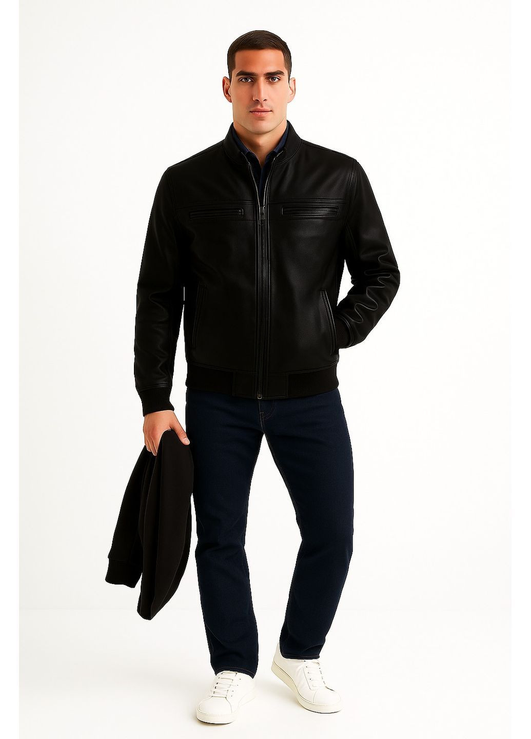 Чорна демісезонна чоловіча шкіряна куртка на резинці чорна 127254 No Brand