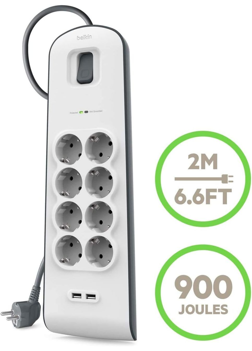 Подовжувач-фільтр мережевий 8хТип F, 3x1.5мм кв, 16А, 2xUSB-A 2.4A, з захистом від перенапруги, 2м, білий Belkin (322245419)