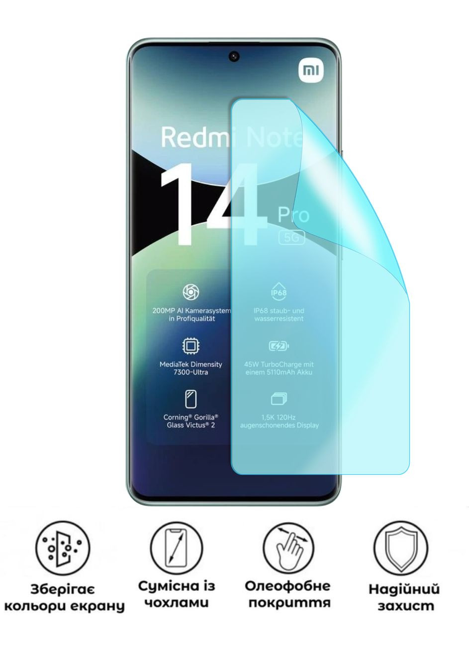 Захисна гідрогелева глянцева плівка Grade A на екран смартфона Xiaomi Redmi Note 14 Pro 5G No Brand (370870777)