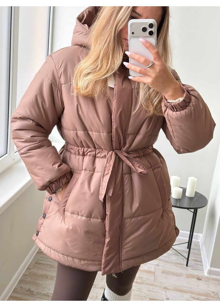 Темно-бежева зимня жіноча подовжена зимова куртка Гермес