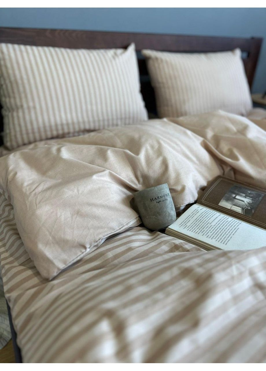 Постільна білизна бавовняна Смужка компанія Євро Простирадло на гумці 160x200х20 Бязь Бежева 70 х 70 No Brand (361147316)