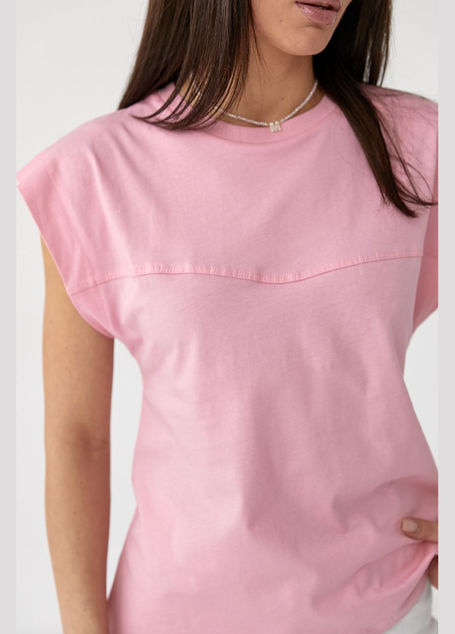 Розовая летняя однотонная футболка с удлиненным плечевым швом 09107 с коротким рукавом Lurex