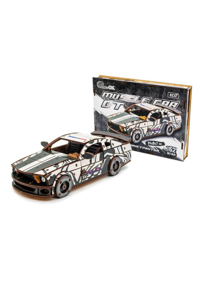 Дерев'яний 3D конструктор "Muscle car GT" Puz-00639, 162 деталі, білий PuzzleOK (334157178)