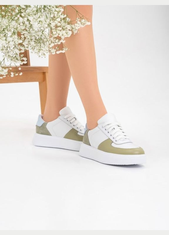 Белые демисезонные белые кожаные кроссовки с зелеными вставками ISSA PLUS
