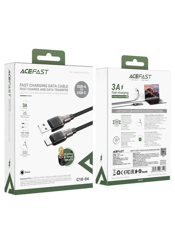 Кабель C10-04 USB to Type-C 3A, 1.2m, silicone, zinc connectors, Чорний Acefast (388775258)