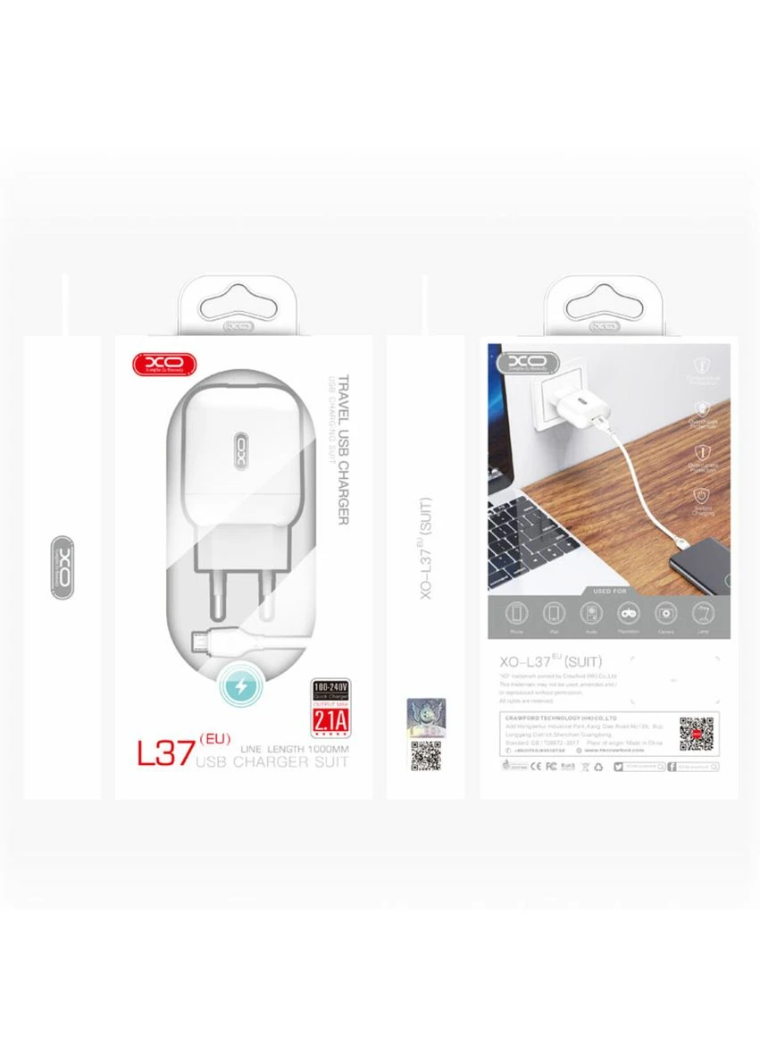 Сетевое зарядное устройство L37 + Lightning кабель белый XO (397341824)