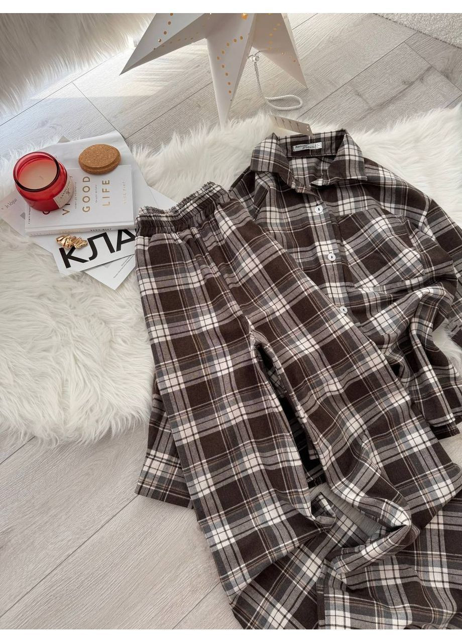 Темно-бежевая женская фланелевая пижама в клетку рубашка + брюки No Brand С832/833-806/4