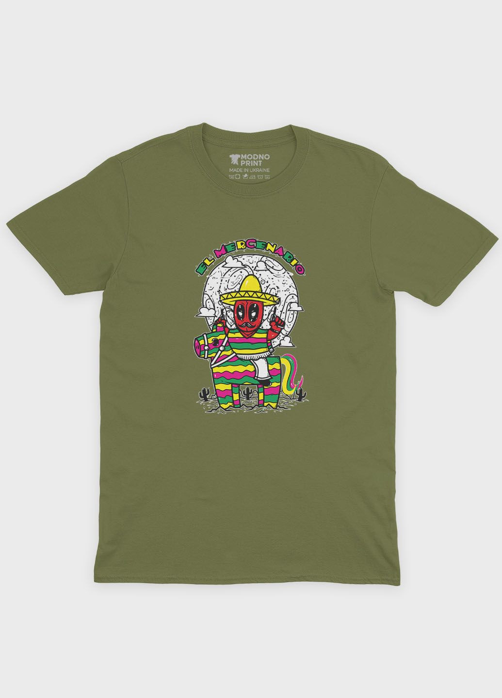 Хакі (оливкова) літня жіноча футболка з принтом антигероя - дедпул (ts001-1-hgr-006-015-003-f) Modno