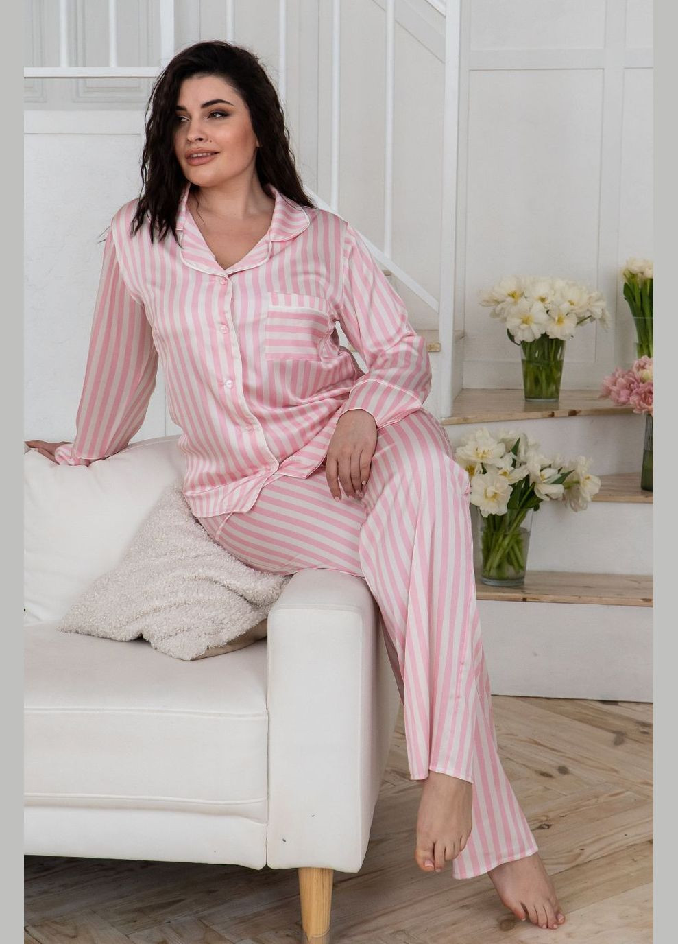 Розовая всесезон пижама женская классическая с кантом п1400 полоска светлая MiaNaGreen