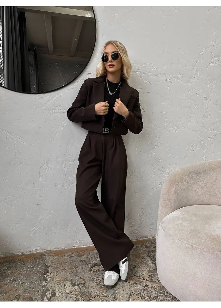 Жіночий брючний костюм зі штанами палаццо та вкороченим піджаком з плечиками Україна (352768441)