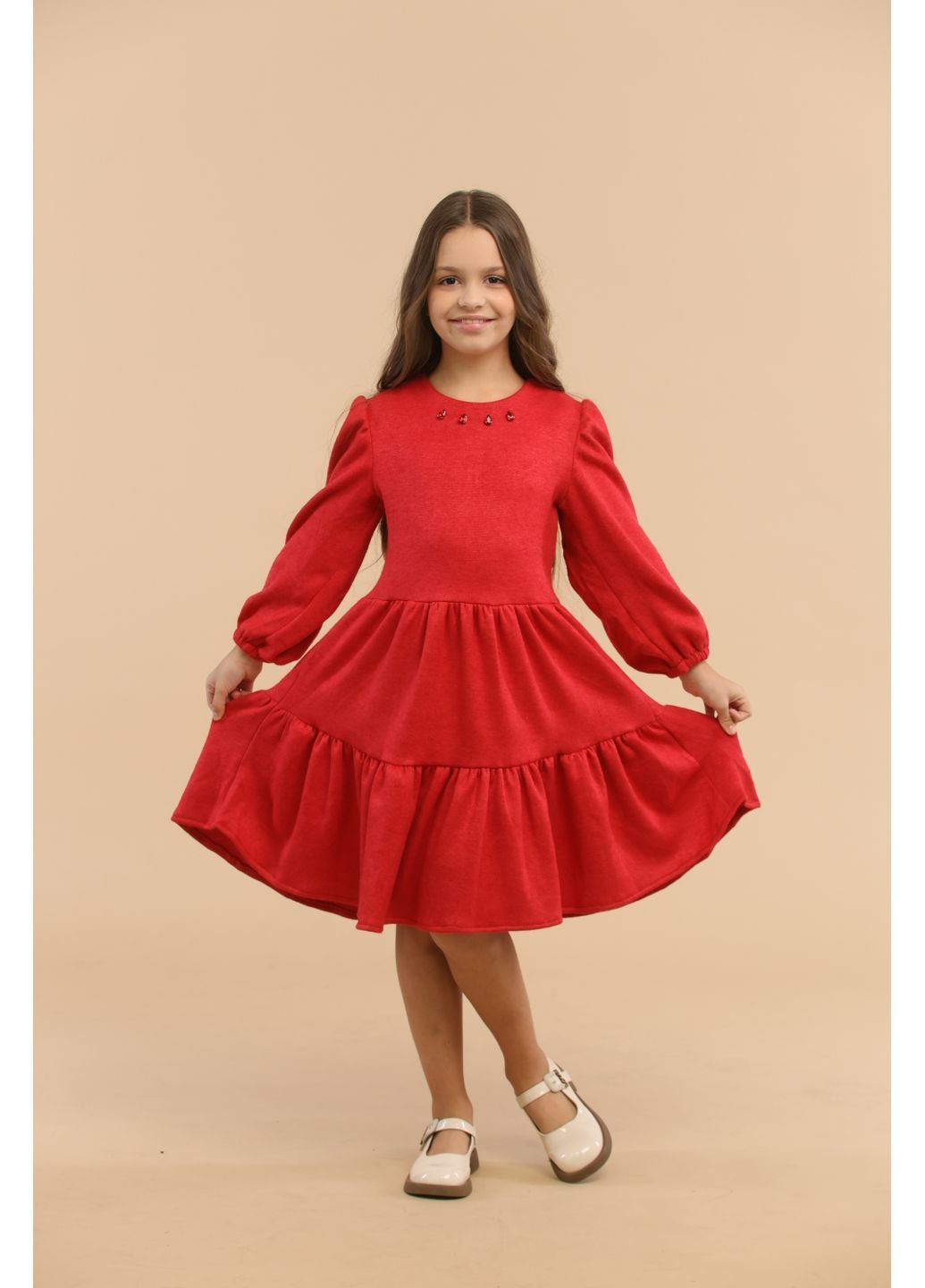 Красное праздничное теплое платье для девочки красное с декором у горловины (00145) Odri (365655726)