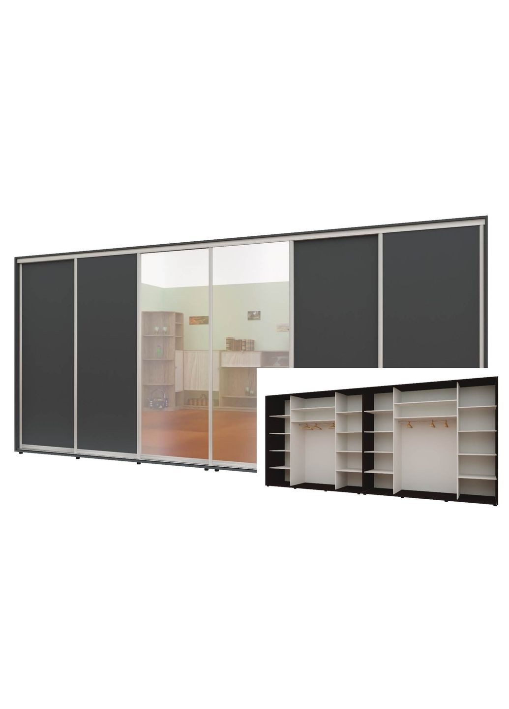 Шафа-купе шестидверна 520*60*210 см Графіт 4 двері ДСП + 2 двері Дзеркало Максі Комфорт Меблі (360473479)