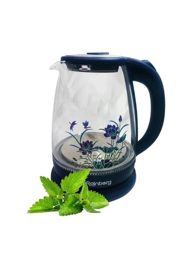 Електрочайник RB-998 скляний дисковий чайник з LED підсвічуванням та принтом 1.8л 2200Вт Синій Rainberg (333799880)