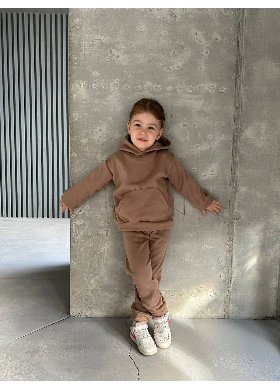 Бежевий демісезонний костюм унісекс тринитка на флісі,оверсайз,штани та худі з капюшоном та кишеня кенгуру Україна