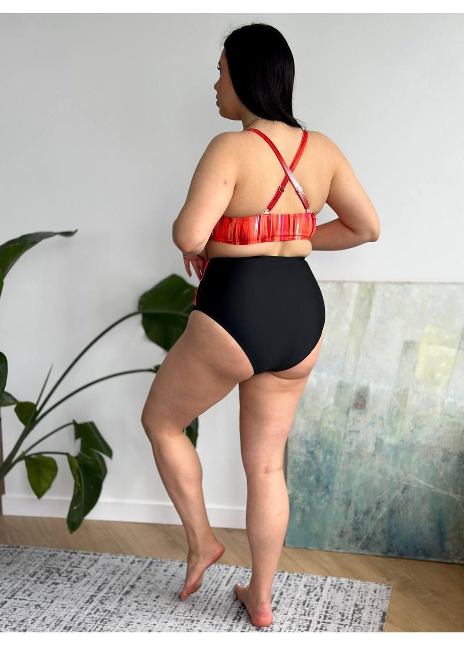 Помаранчевий літній жіночий роздільний купальник великих розмірів червоно-чорний / жіночий купальник плюс сайз червоно-чорний з високими трусиками No Brand