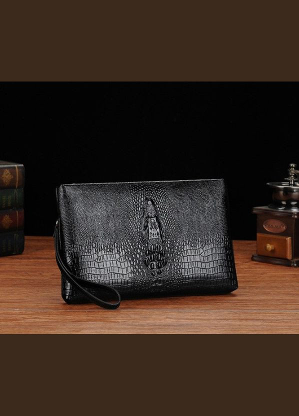 Великий чоловічий клатч барсетка для документів крокодил чорний, чоловіча сумка-шумок для телефона рептилія Kenguru (334730438)