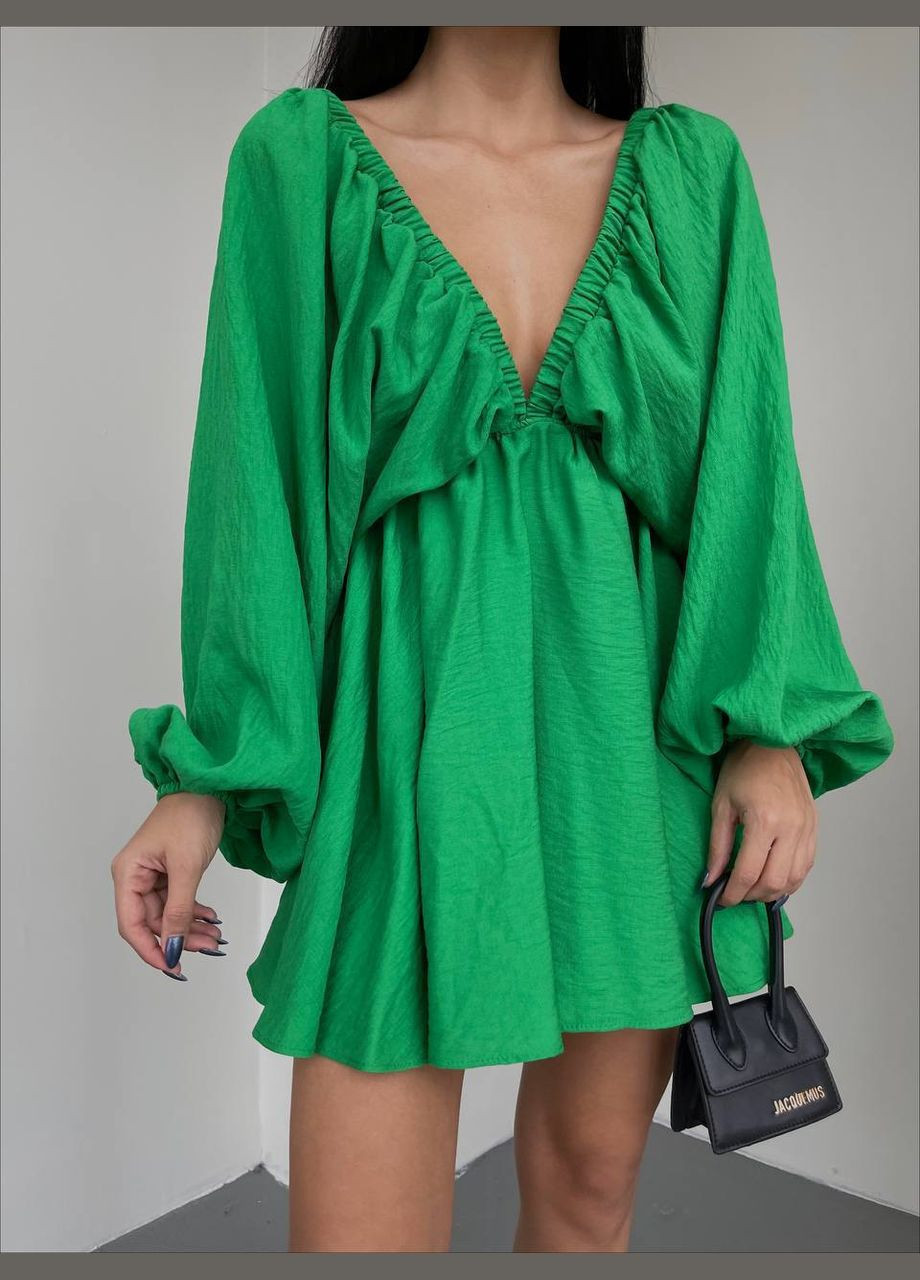 Зелена повсякденний пишна міні сукня з довгим рукавом з пишною спідницею Adelante однотонна
