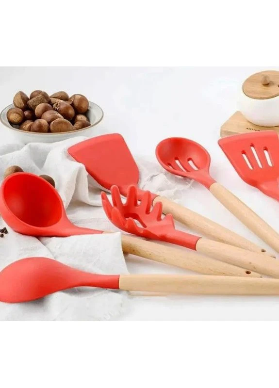 Набір кухонних предметів Silicone kitchen utensils set 12 предметів Червоний Edenberg (297330996)