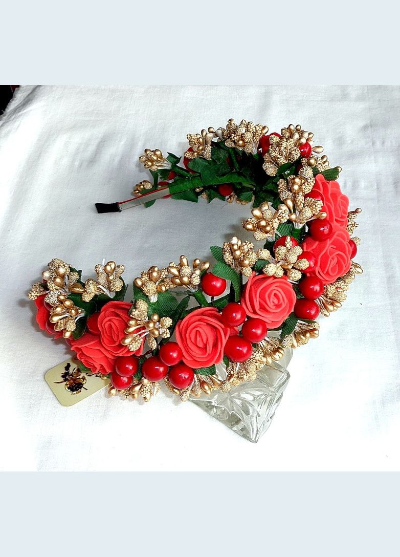 Обруч для волос с цветами ручной работы "Красная роза и золотые ягоды" No Brand (349842723)