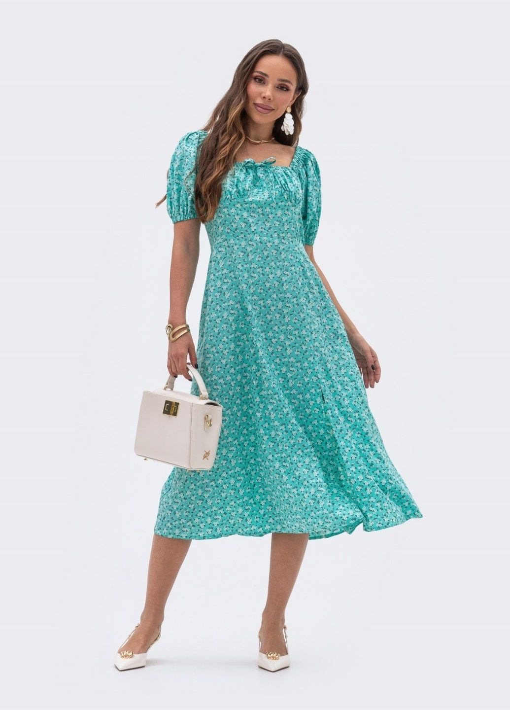 Бирюзовое кэжуал платье в цветочный принт с разрезом по бедру бирюзовое Dressa