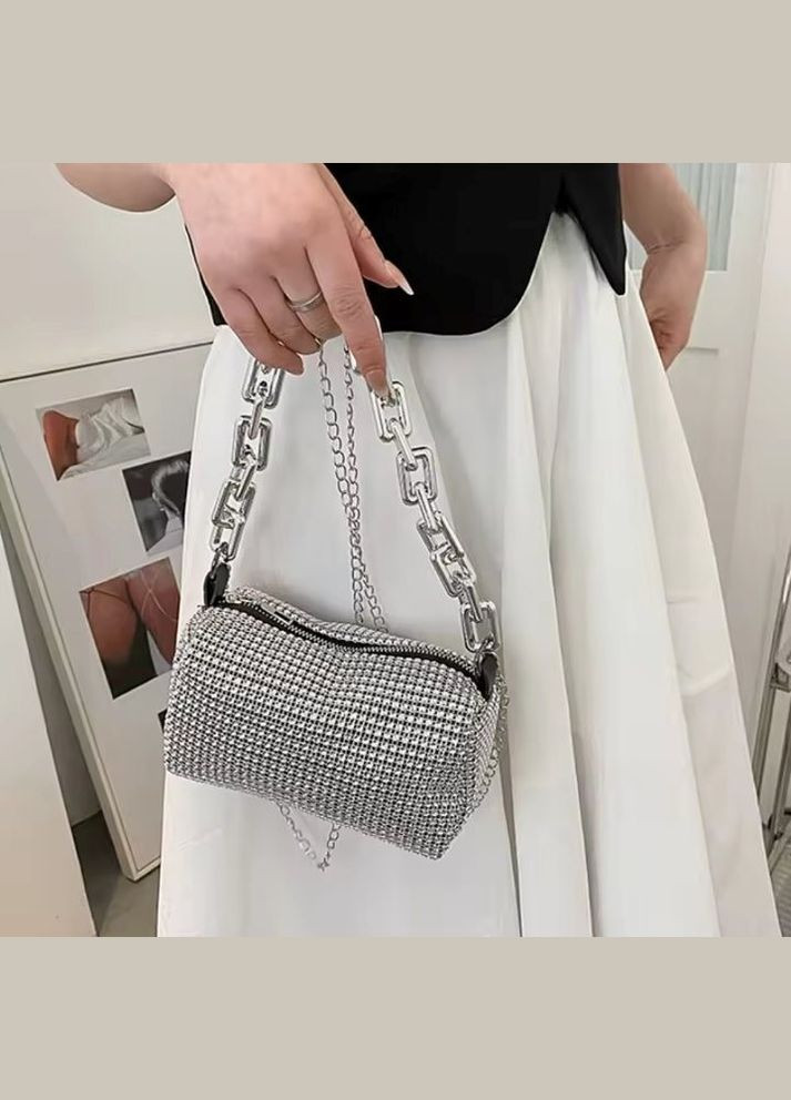 Женская стильная мини сумочка серебристая со стразами вечерняя прогулочная через плечо No Brand (317921464)