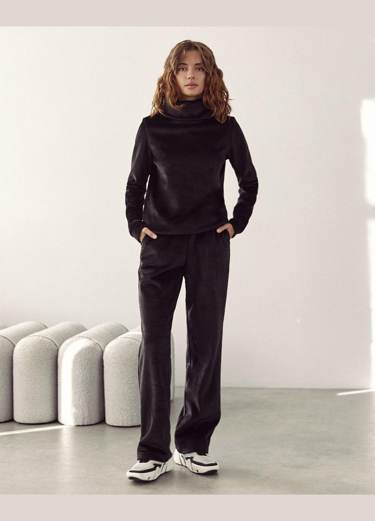 Жіночий трикотажний костюм чорний з брюками на щодень MKJL303809-1 Modna KAZKA (277159927)