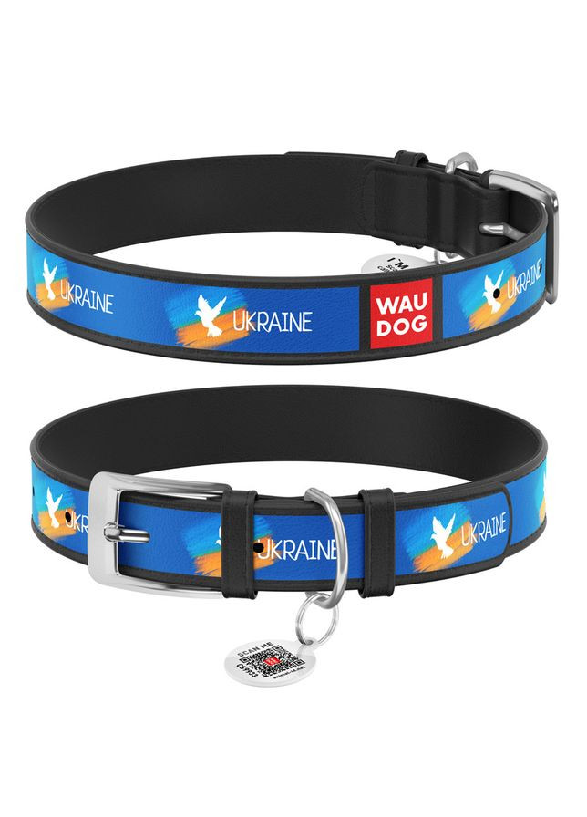 Ошейник для собак кожаный WAUDOG Design с QR паспортом, рисунок "Прапор",, Ш 35 мм, Дл 46-59 см, No Brand (363197728)