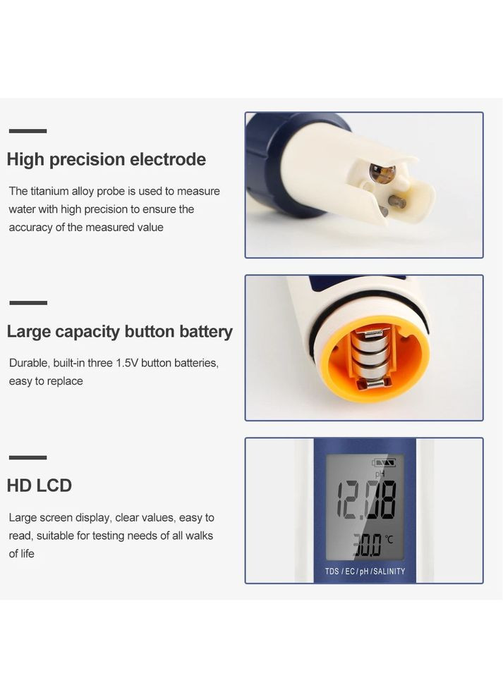 Цифровий 5-в-1 тестер pH/TDS/EC/Salinity/Temperature EZ-9909 з підсвічуванням і захистом від вологи IP67 Yieryi (351391563)