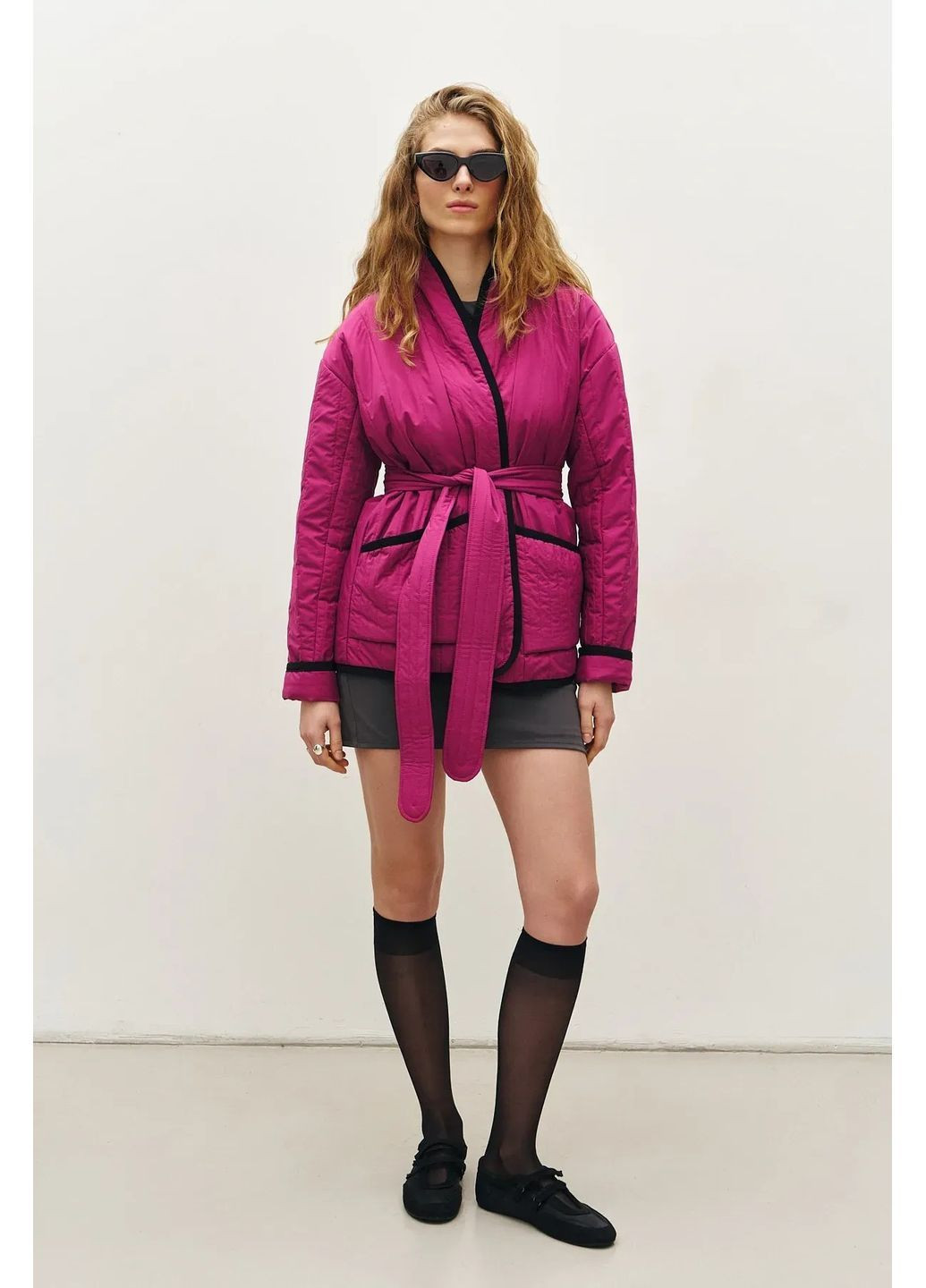 Рожева демісезонна куртка-кімоно з принтом, колір рожевий Rica Mare