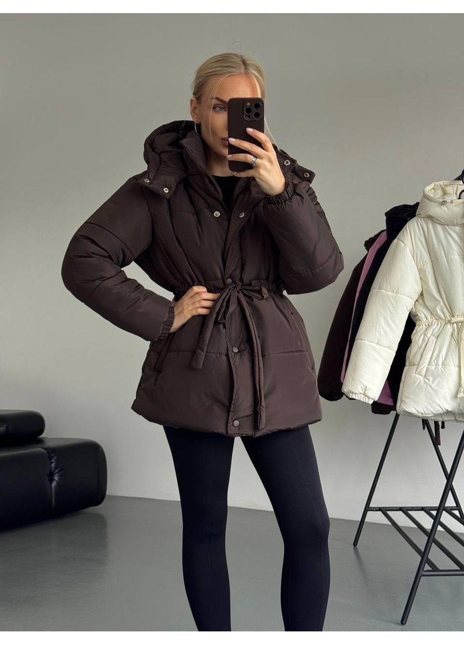 Коричневая зимняя женская теплая пуховая куртка с капюшоном No Brand