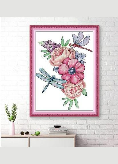 Набор для вышивания по нанесённой на канву схеме "Dragonflies and Flowers". AIDA 14CT printed 22*31 см Joy Sunday (313613050)
