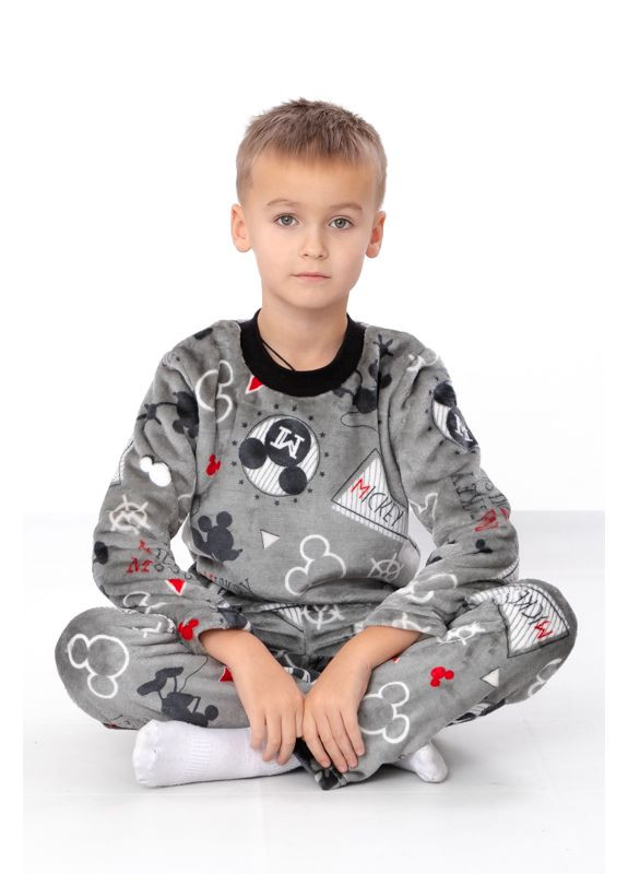 Сіра зимня тепла принтована махрова піжама для хлопчика (толстовка та штани) (p-8670) Носи своє
