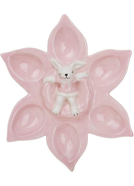 Блюдо-підставка для 6 яєць "Зайчик у Квітці" Ø22см, пасхальне керамічне блюдо, рожева квітка Bona (372170927)