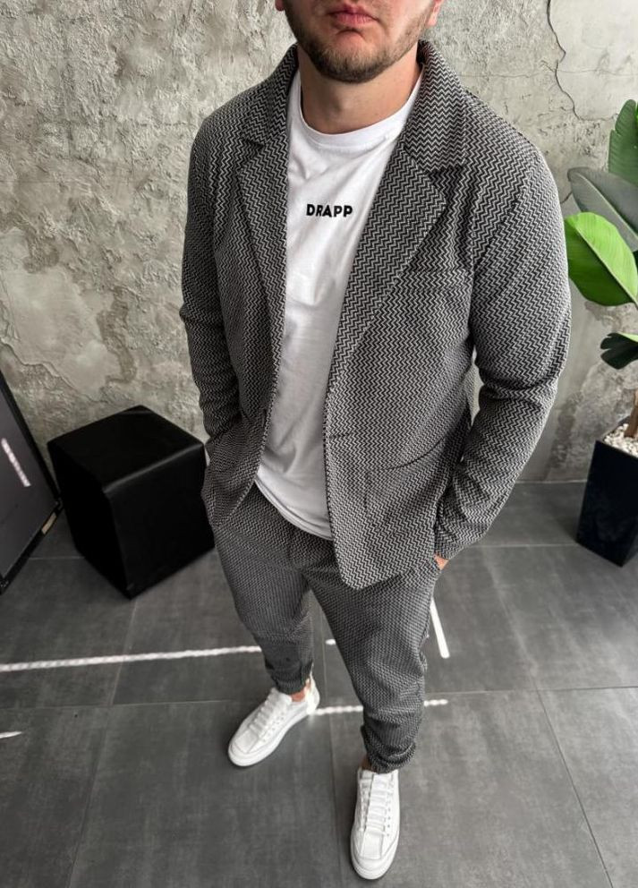 Сірий демісезонний костюм чоловічий стильний жакет штани модний щільний осінь No Brand