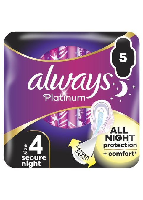 Гігієнічні прокладки Platinum Secure Night (Розмір 4) 5 шт. (8001841449821) Always Platinum Secure Night (Розмір 4) 5 шт. (268147673)