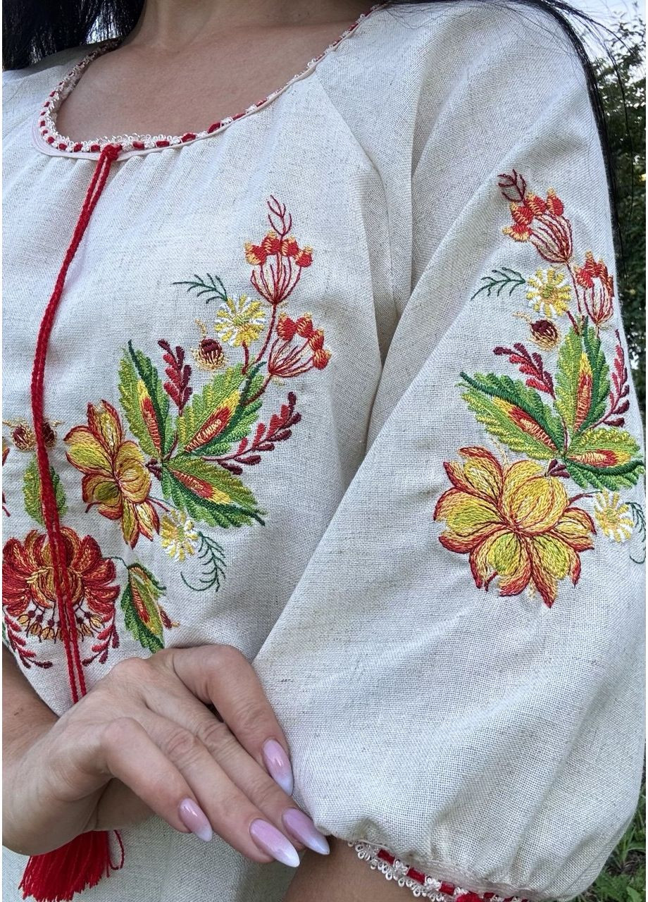 Красная женская вышитая блуза из льна в этном стиле. узор цветочный прямой, свободная лен (355463842)