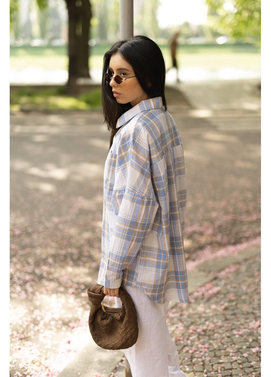 Голубой повседневный рубашка в клетку No Brand с длинным рукавом