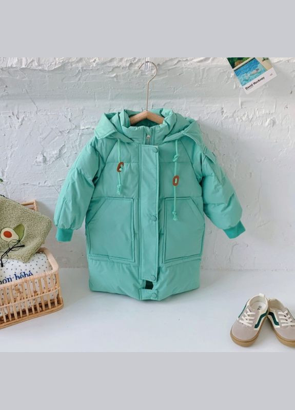 Зеленая демисезонная куртка детская однотонная длинная с капюшоном (120см) (10031) Qoopixie