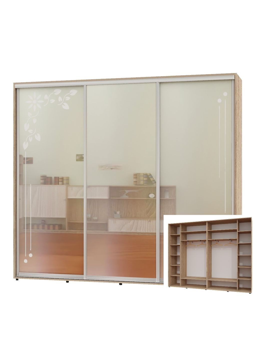 Шафа-купе тридверна 300*45*230 Дуб Сонома 2 Дзеркала з піскострумним малюнком/Дзеркало Люкс-149 Алекса (360437091)