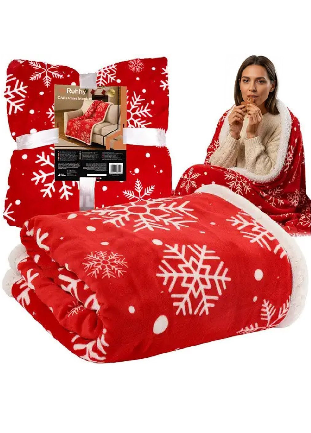 Новорічний двосторонній поліестеровий плед ковдра покривало в подарунковій упаковці 130х170 см (481981-Prob) Червоний з білим Unbranded (369239152)