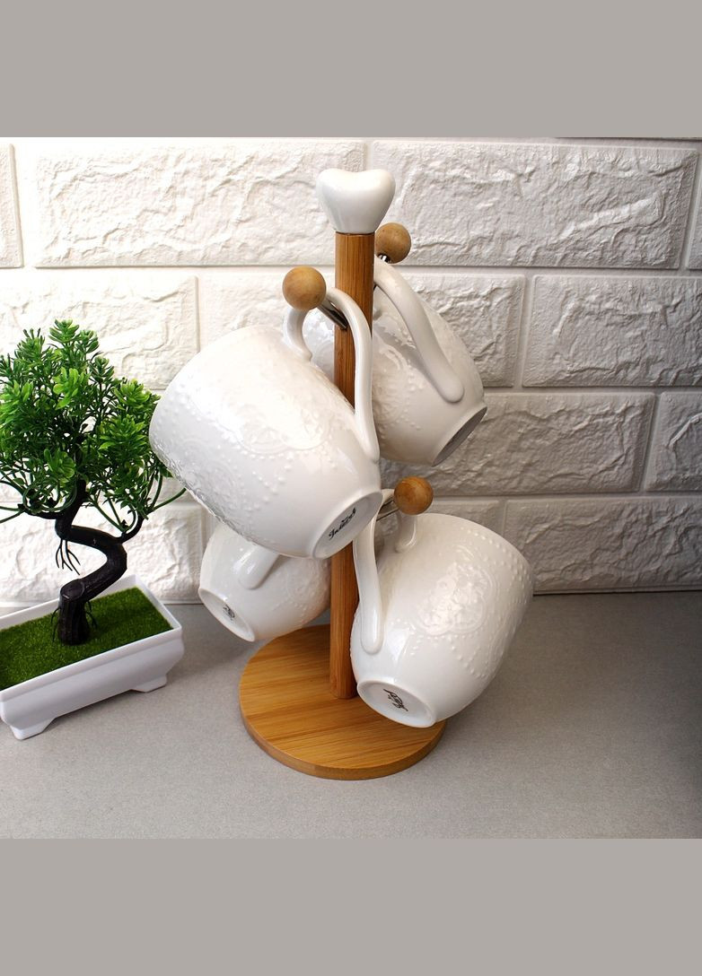 Набір білих чайних чашок на бамбуковій стійці 5 пр 300 мл Bona (303212491)